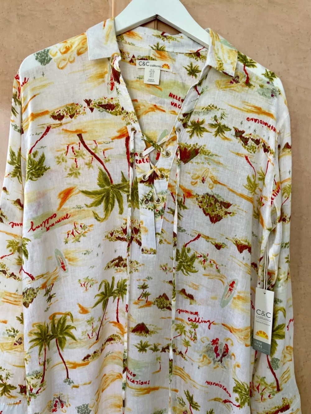 Beachwear Linen Blend Tunic Dress Lace-Up Tropical Print, Small